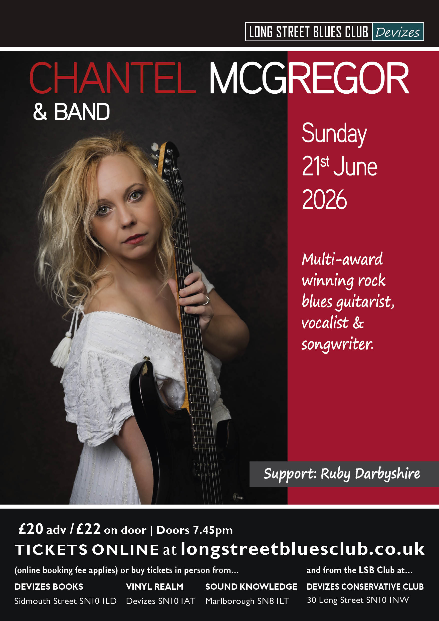 Chantel McGregor with guitar on poster for her gig in Devizes